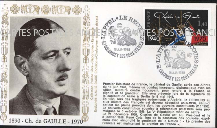 Cartes postales anciennes > CARTES POSTALES > carte postale ancienne > cartes-postales-ancienne.com Premier jour De gaulle 1988