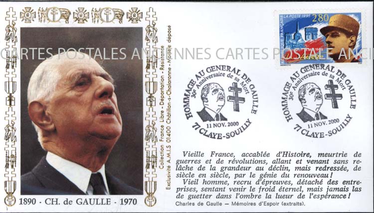 Cartes postales anciennes > CARTES POSTALES > carte postale ancienne > cartes-postales-ancienne.com Premier jour De gaulle 2000